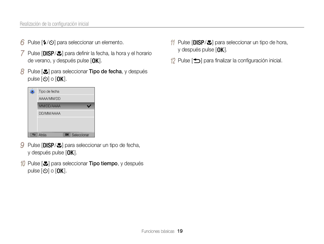 Samsung EC-WB100ZBABIL, EC-WB100ZBARE1 manual Realización de la configuración inicial, Pulse / Para seleccionar un elemento 